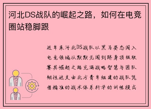 河北DS战队的崛起之路，如何在电竞圈站稳脚跟