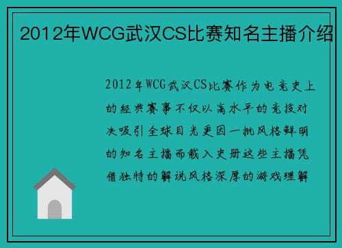 2012年WCG武汉CS比赛知名主播介绍